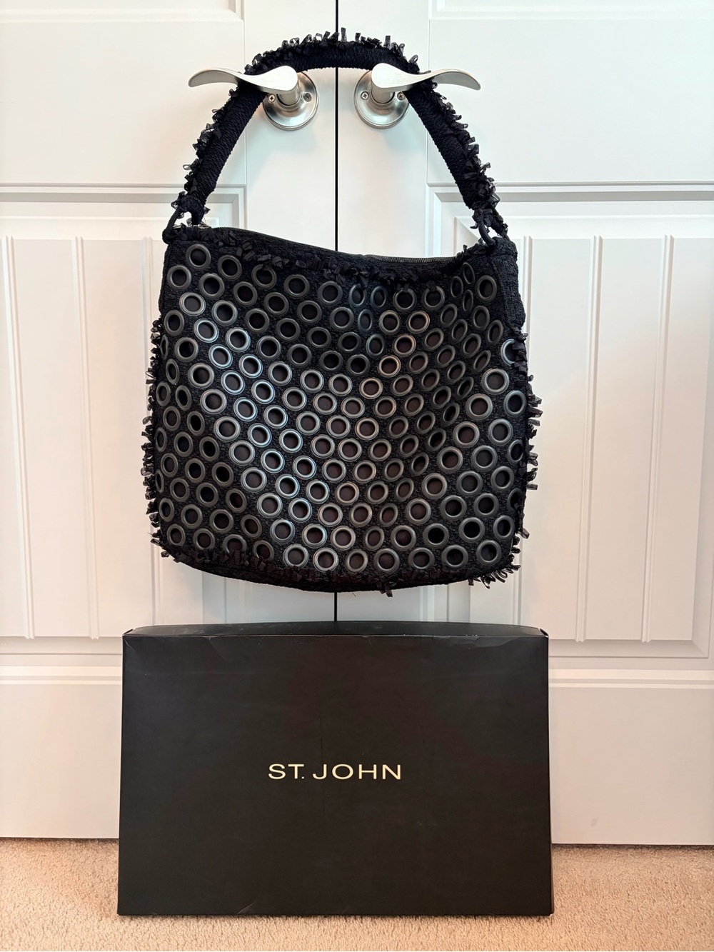 St. John Collection NWT Black Gesso Rivet Fringe Trimmed Tweed Knit Shoulder Bag